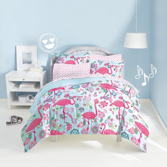 Dream Factory Flamingo Full 7 Piece Comforter Set, Polyester, Microfiber, Pink, Child