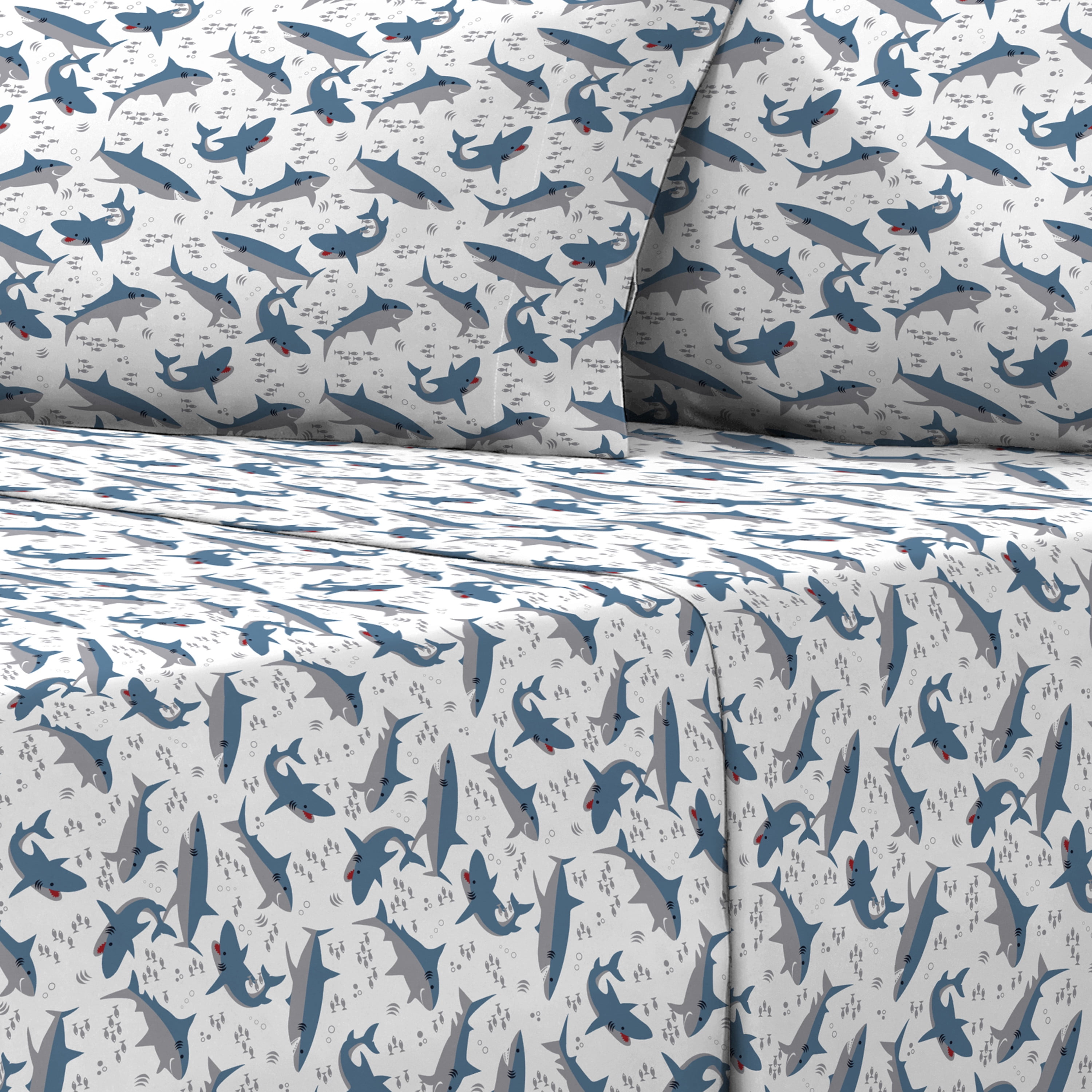 Blue and White Shark Print Twin Microfiber Sheet Set