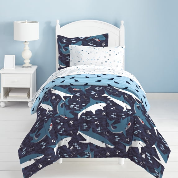 Dream Factory Sharks Full 7 Piece Comforter Set, Printed Pattern, Polyester, Microfiber, Blue, Child, Unisex