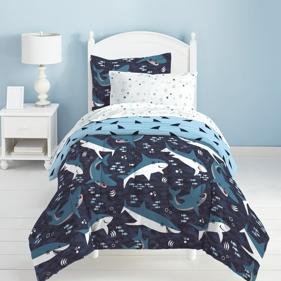 Dream Factory Sharks Twin 5 Piece Comforter Set, Printed Pattern, Polyester, Microfiber, Blue, Child, Unisex