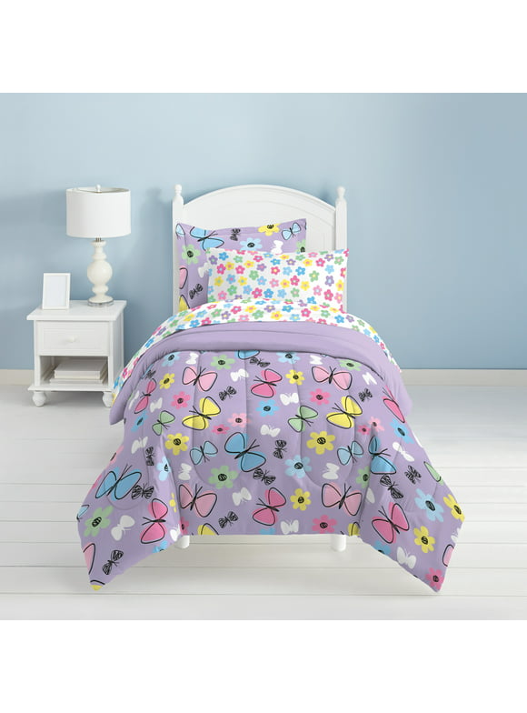 Dream Factory Sweet Butterfly Full 7 Piece Comforter Set, Polyester, Microfiber, Purple, Pink, Sky Blue, Multi, Child, Female