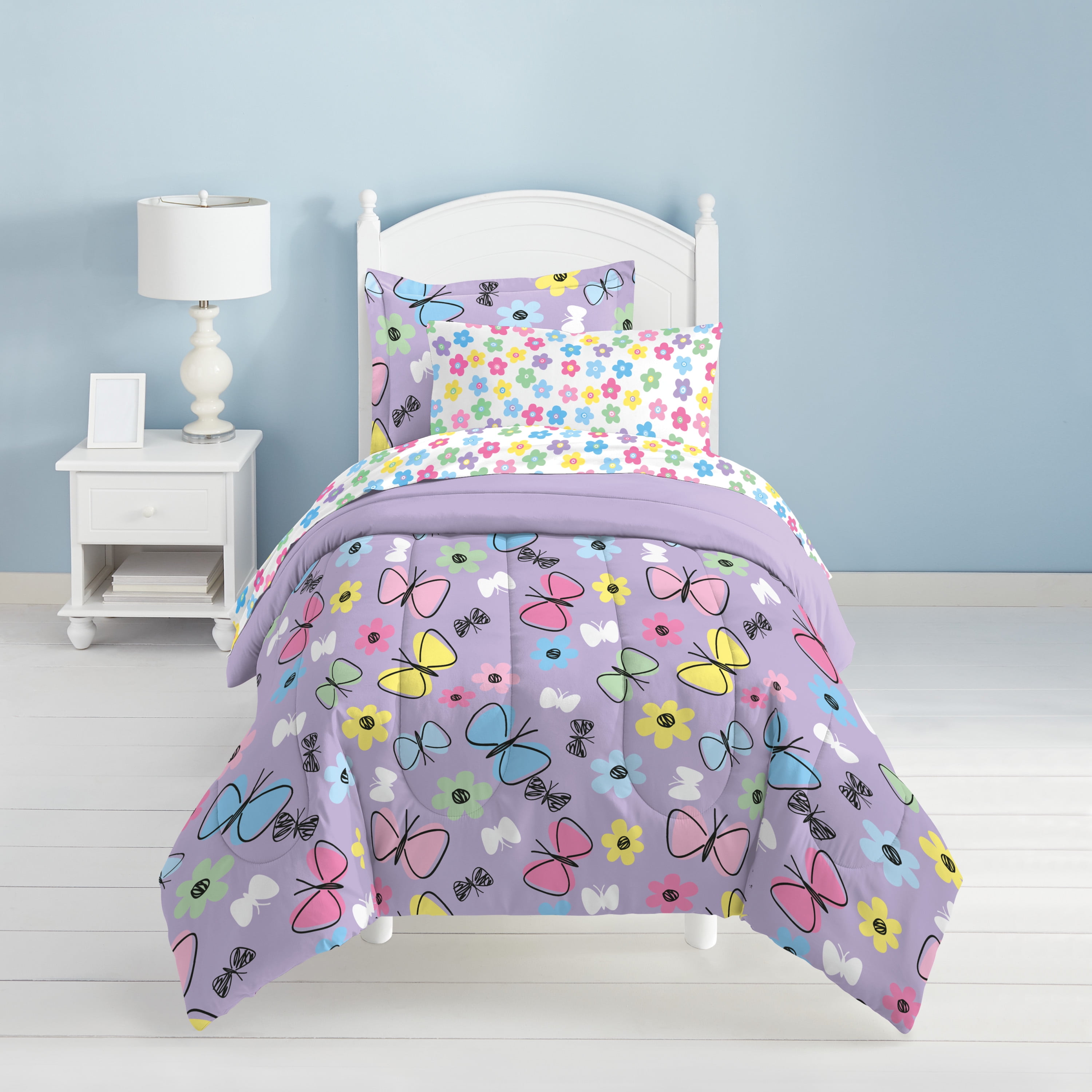 Purple Microfiber Twin Girls' Reversible Bed in a Bag Set