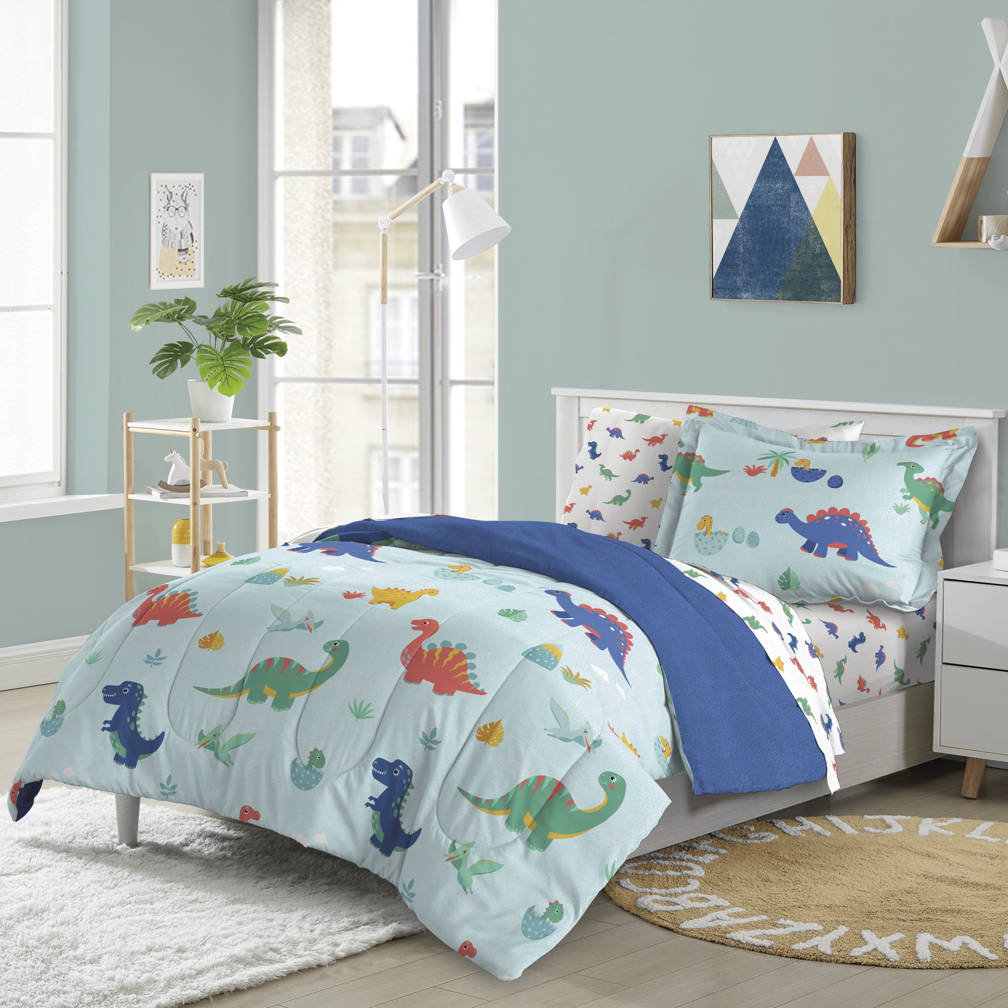 Dream Factory Sweet Dino Twin Bed in a Bag Blue, Microfiber, 100% Polyester Fill, Male, Child