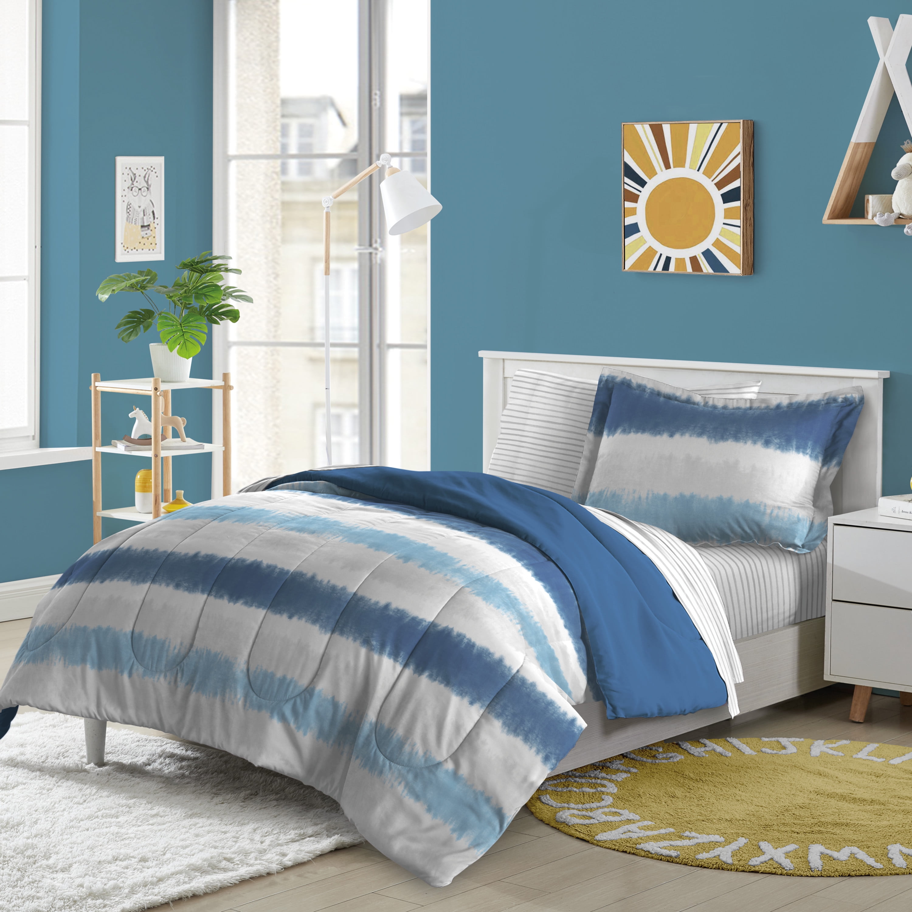 Dream Factory Tie Dye Stripe Full 7 Piece Comforter Set, Polyester, Microfiber, Blue, Child
