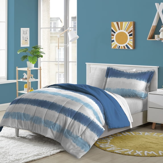 Dream Factory Tie Dye Stripe Full 7 Piece Comforter Set, Polyester, Microfiber, Blue, Child