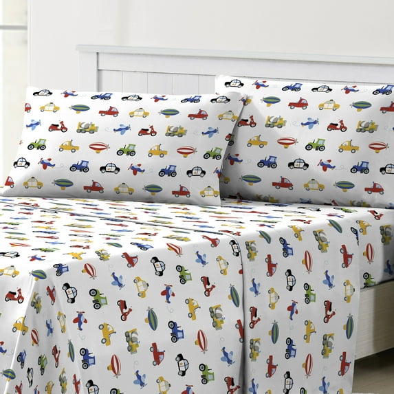 Dream Factory Trains & Trucks Full 4 Piece Sheet Sets, Polyester, Microfiber, Blue, Child