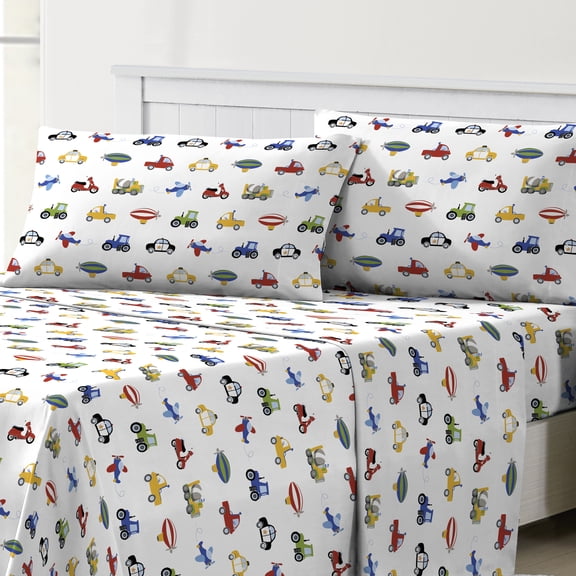 Dream Factory Trains & Trucks Full 4 Piece Sheet Sets, Polyester, Microfiber, Blue, Child