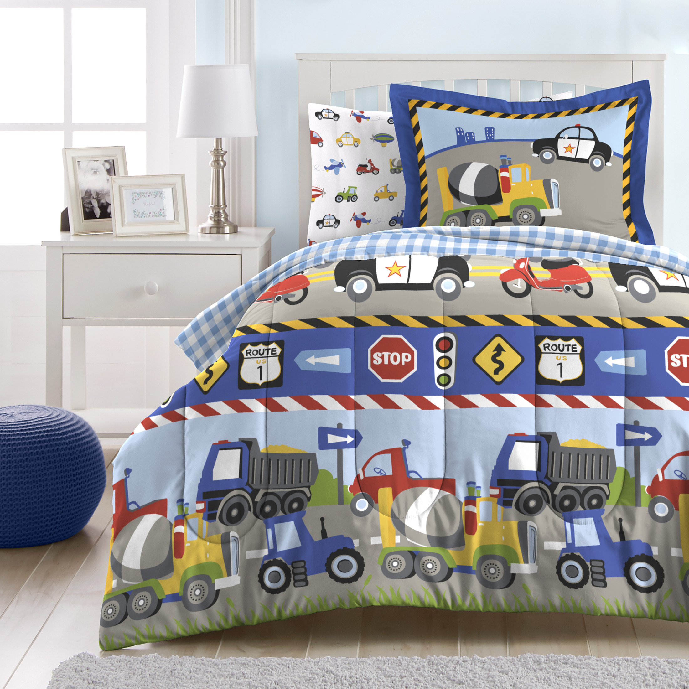 Dream Factory Trains and Truck Pattern Twin 5 Piece Bed-in-a-Bag, Bed-in-a-Bag, Cotton/Polyester, Blue, Multi, Male, Child - image 1 of 6