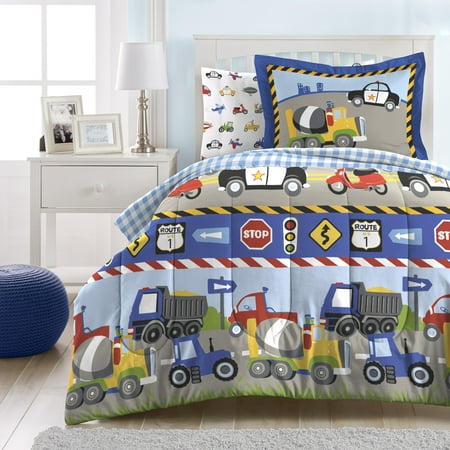 Dream Factory Trains and Truck Pattern Twin 5 Piece Bed-in-a-Bag, Bed-in-a-Bag, Cotton/Polyester, Blue, Multi, Male, Child