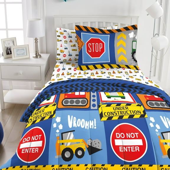 Dream Factory Under Construction Full 7 Piece Comforter Set, Polyester, Microfiber, Blue, Multi, Child, Unisex