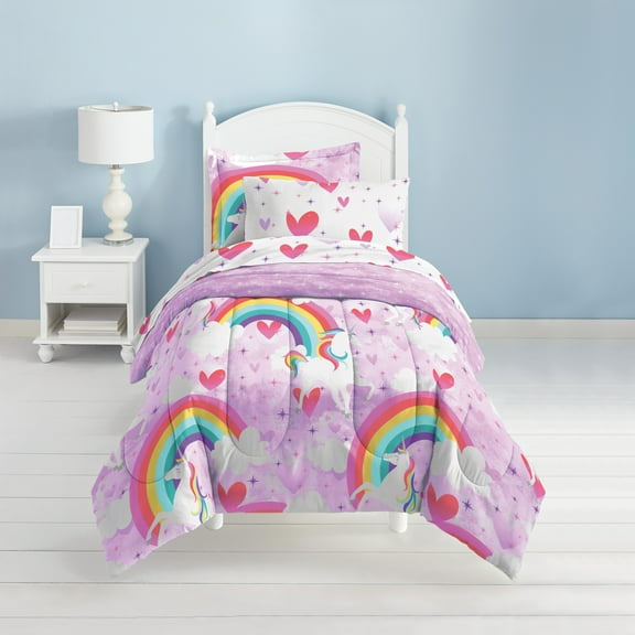 Dream Factory Unicorn Rainbow Twin 5 Piece Comforter Set, Polyester, Microfiber, Purple, Child, Female