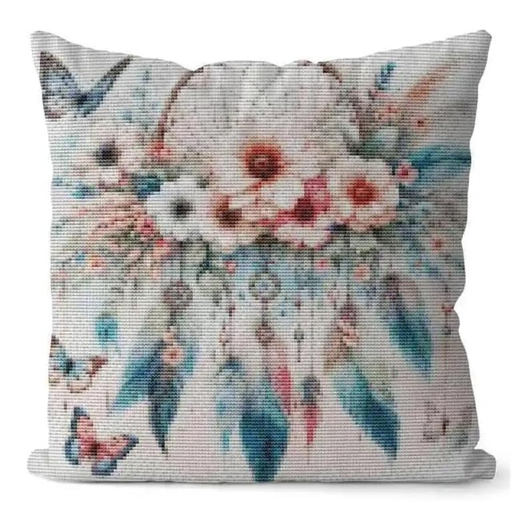Dream Floral Embroidery Pillow Kit,11ct DIY Cross Stitch Fabric Craft With Feather Accents,Home Decor Sewing Hobby Set,17x17in