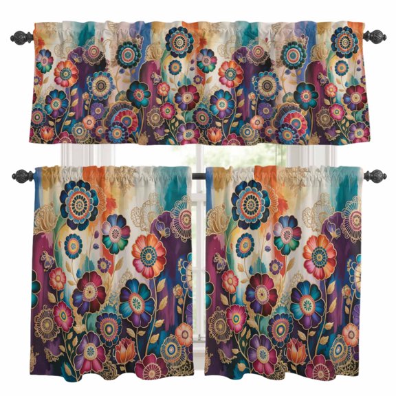 Dream Floral Kitchen Curtains Valances and Tiers Set of 3 Vintage Colorful Flowers Retro Ethnic Tier Curtains and Valance with Rod Pocket for Small Windows, 27.5"x24"