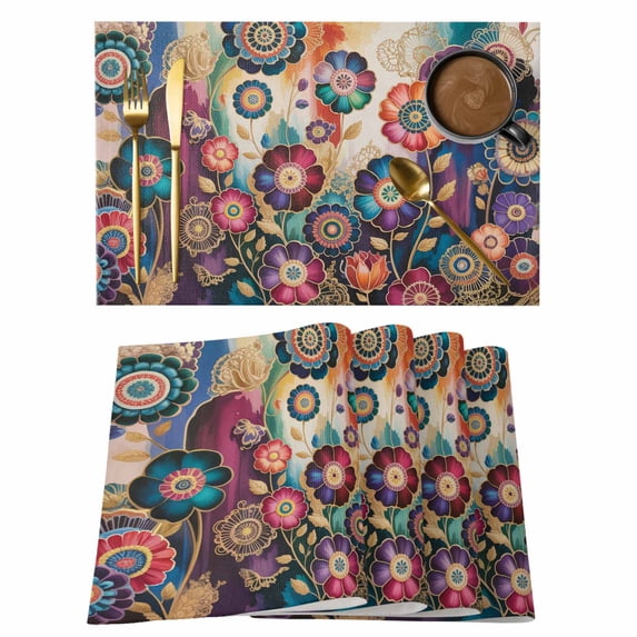 Dream Floral Placemats Set of 1, Vintage Colorful Flowers Retro Ethnic Non-Slip Place Mats Washable Table Mats for Kitchen Dining Table Decorations Indoor/Outdoor
