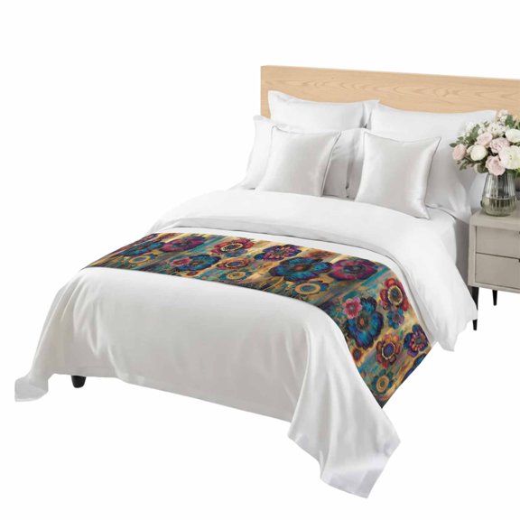 Dream Flower Bed Runner Twin Size Vintage Colorful Flowers Leaf Abstract Art Soft Bed Scarf for Foot of Bed, Decorative Bedding Scarf Protection for Hotel Home Bedroom 71 x 20 Inch
