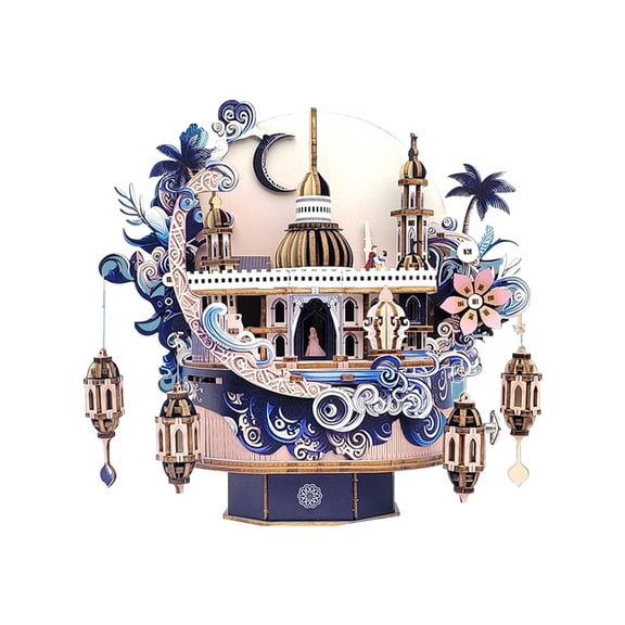 Dream Flower Castle Music Box Assembly Model Kit 3D Wooden Puzzle Whimsical Fantasy Fortress Building Set with Wall Mount Option for Adults Home Office Desk Decor
