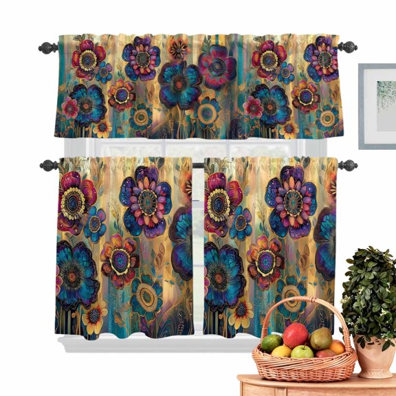 Dream Flower Kitchen Curtains Valances 3 Piece Set, Vintage Colorful Flowers Leaf Abstract Art Rod Pocket Tier Curtain and Valance Drapes for Small Window 24 Inch Length for Bedroom Cafe