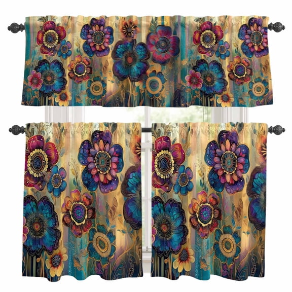 Dream Flower Kitchen Curtains Valances and Tiers Set of 3 Vintage Colorful Flowers Leaf Abstract Art Tier Curtains and Valance with Rod Pocket for Small Windows, 27.5"x24"