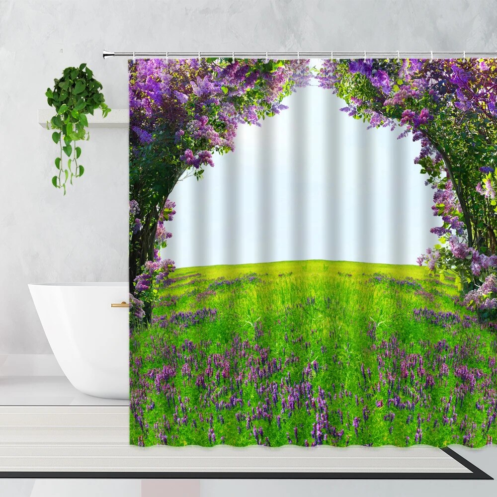 Dream Forest Scenery Shower Curtain Green Plants Flowers Love Door