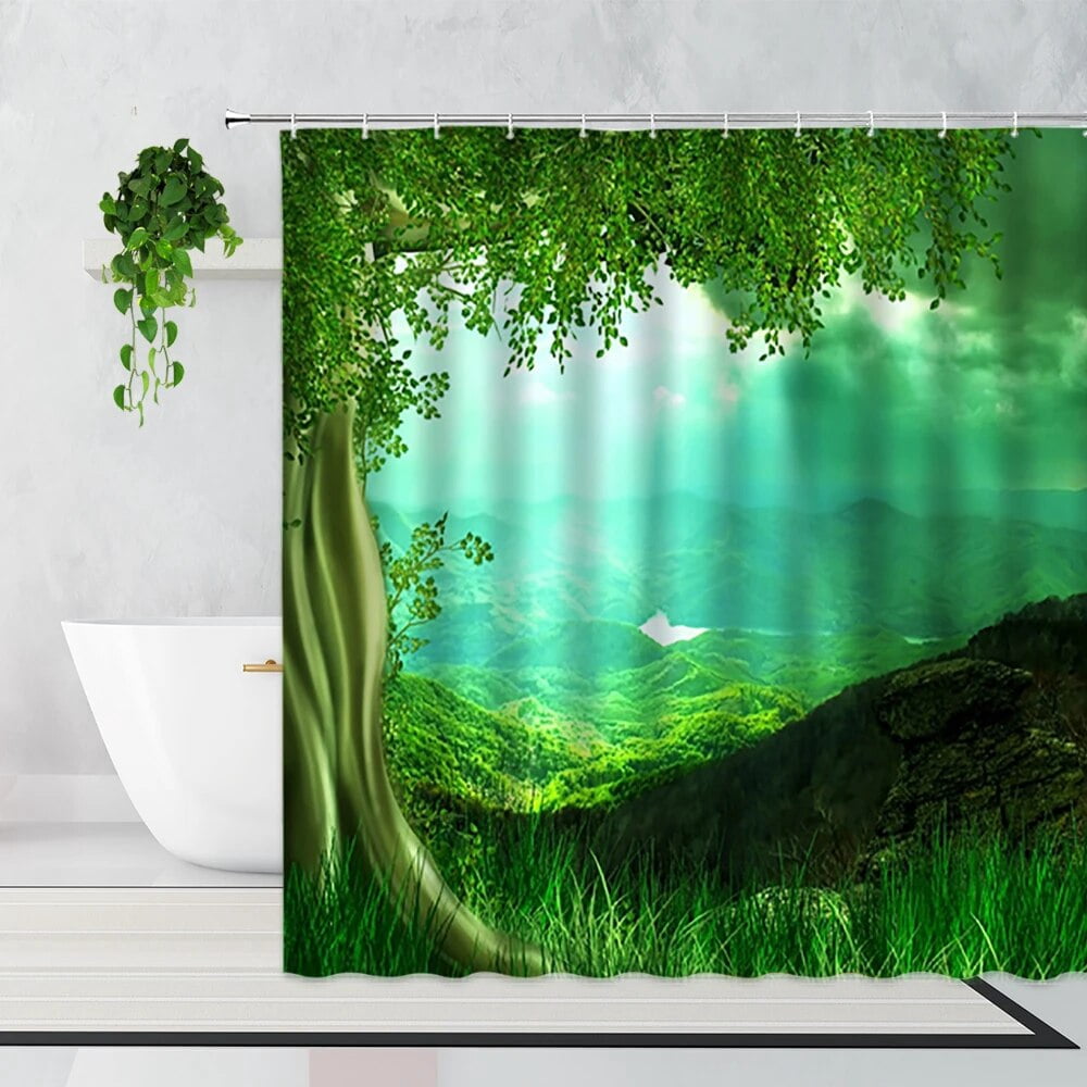 Dream Forest Scenery Shower Curtain Green Plants Flowers Love Door