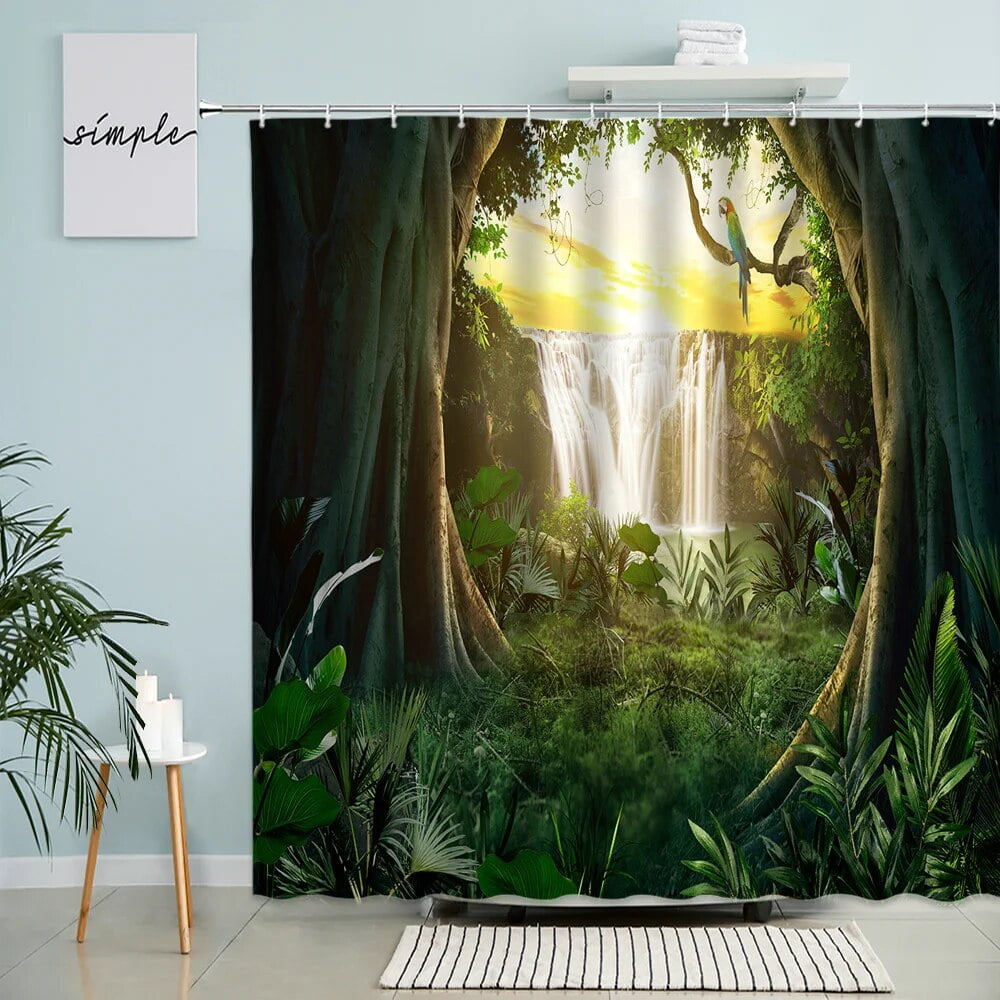 Dream Forest Shower Curtain Mushroom Green Plants Flowers Tree Cave