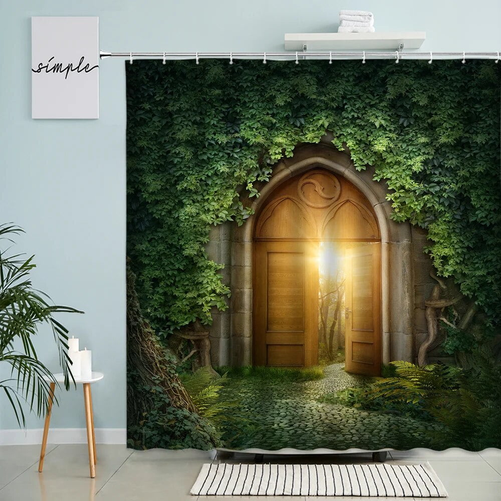 Dream Forest Shower Curtain Mushroom Green Plants Flowers Tree Cave