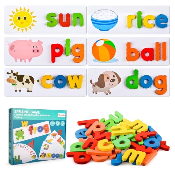 Dream Fun Toddlers Preschool Learning Toys, multicolor wooden alphabet spell educational game with flash cards
