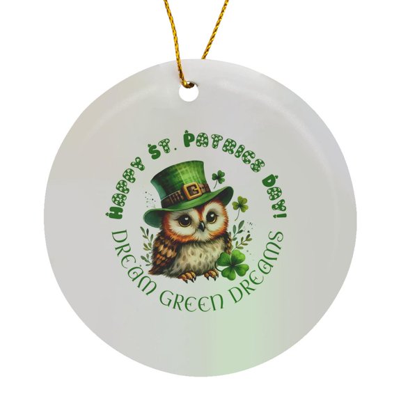 3drose, Dream Green Dreams. a Cute Owl in a Hat, Shamrock. Good Luck Gift, Circle Porcelain Ornament