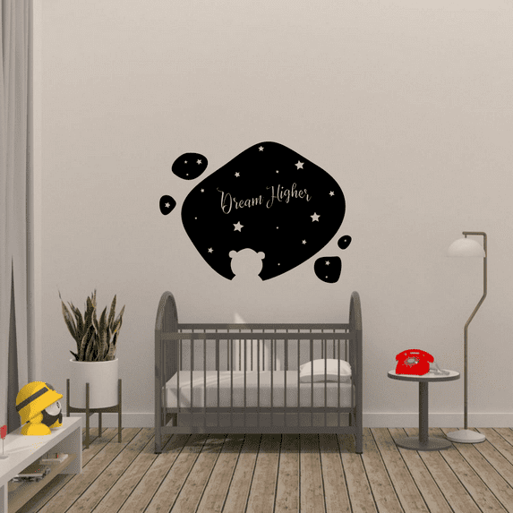 Dream Higher Quote Vinyl Wall Decal Wall Art Wall Sticker Decoration Cute Bear And Stars Night Silhouette Vinyl Wall Deor For Kids Room Bedroom Nursery Room For Home Wall Design Size (10x10 inch)