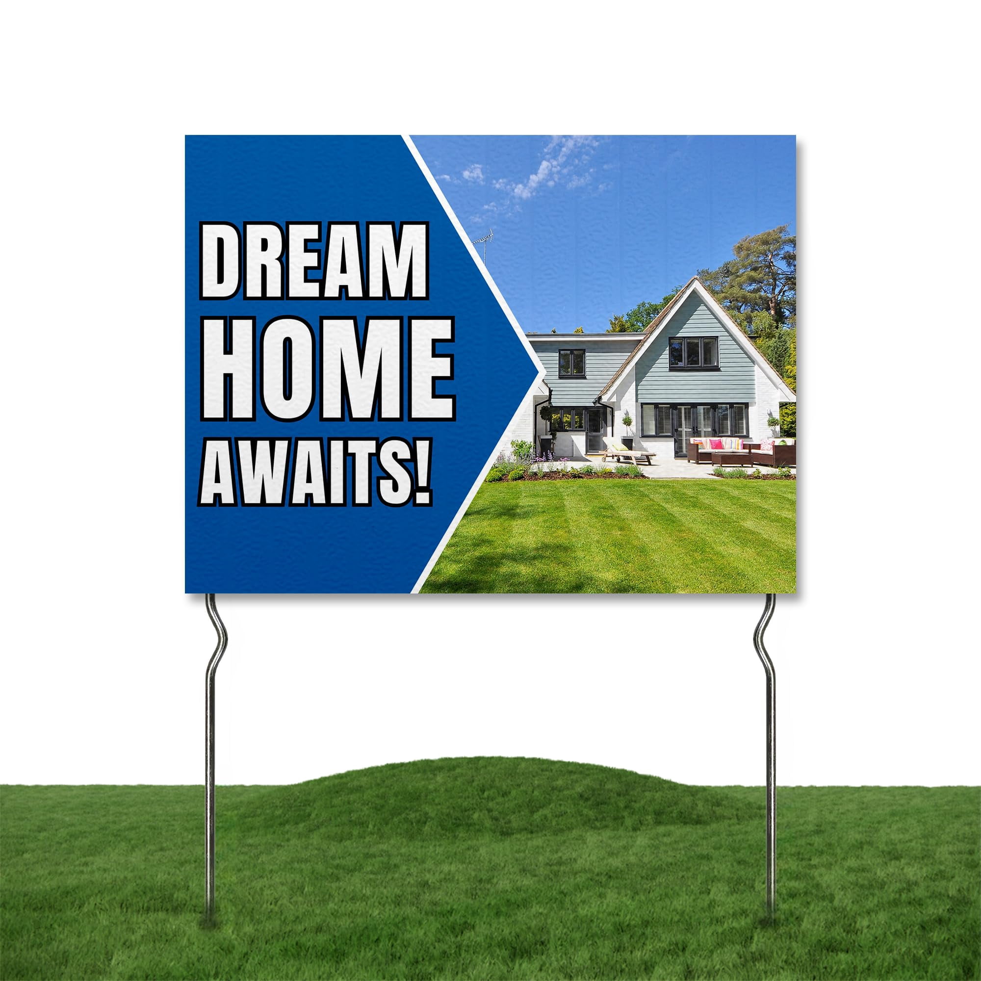 Dream Home Awaits! Yard Sign by DC | 24"x18" Double Sided Real Estate Garden Sign with 13” Metal Stakes | Outdoor Signs Waterproof for Lawn, Patio, Sidewalk & House | Set of 1 | Made in USA