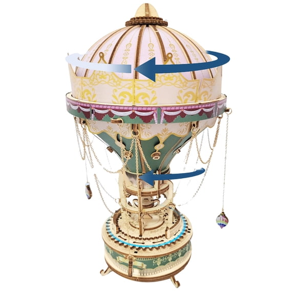 Dream Hot Air Balloon DIY Steampunk Music Box Model Kit, 141-Piece Wooden 3D Puzzle with LED Light, Rotating Musical Craft, Handmade Display Gift for Adults