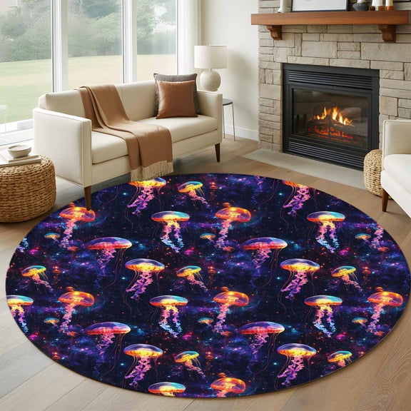 Dream Jellyfish 8' Round Rug for Open Concept Living Room Seating Zone, Colorful Starry Sky Milky Way Ocean Non Slip Large Circle Area Rug, Machine Washable Indoor Outdoor Mat