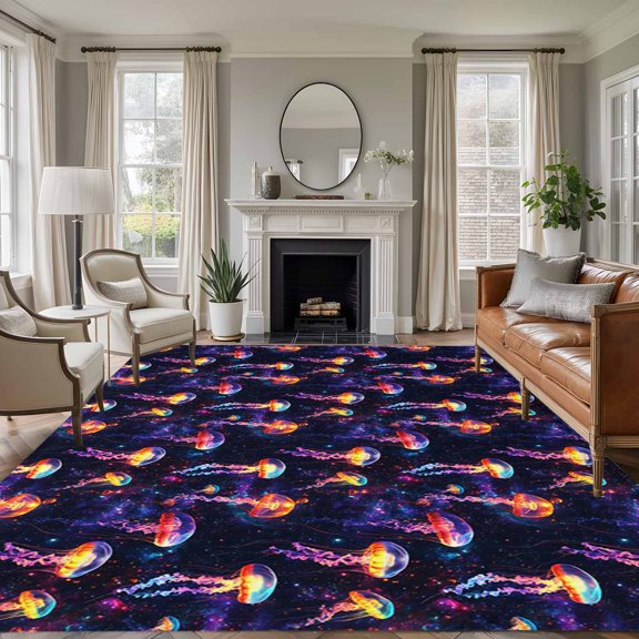 Dream Jellyfish 8'x10' Large Area Rug for Living Room Sectional Sofa, Colorful Starry Sky Milky Way Ocean Non Slip Low Pile Rectangle Area Rug, Machine Washable Indoor Outdoor Mat