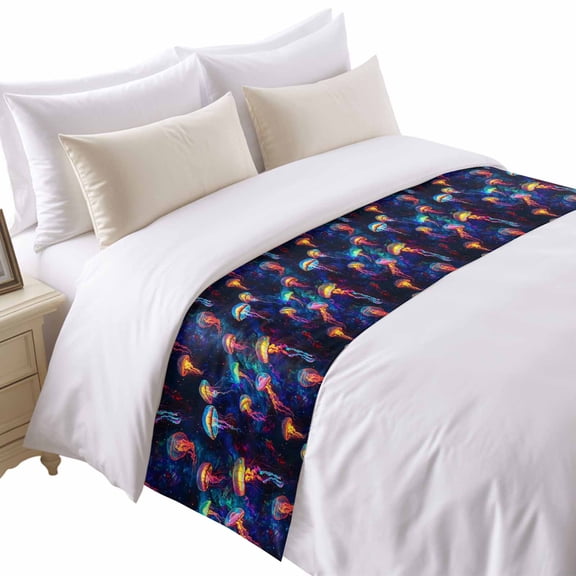 Dream Jellyfish Bed Runner for Twin Size Bed, Colorful Starry Sky Deep Sea Ocean Soft Bedding Scarf Bedding Protector Slipcover Sofa Throw for Bedroom Hotel Guesthouse