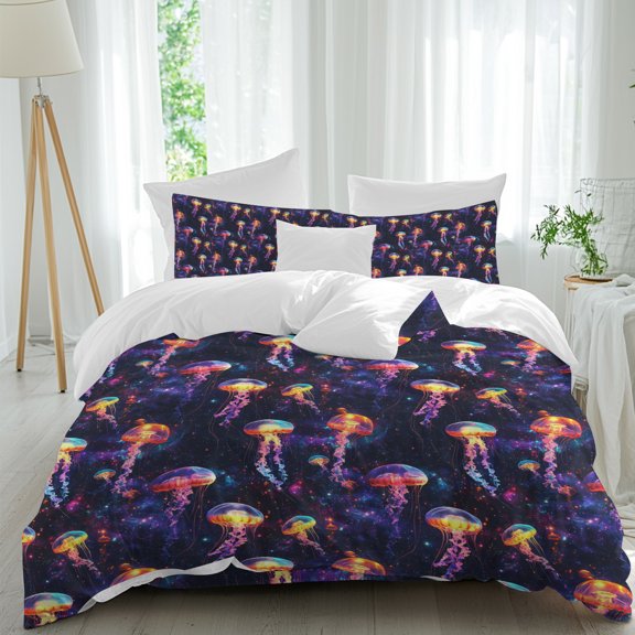 Dream Jellyfish Duvet Cover Set Twin Size, Colorful Starry Sky Milky Way Ocean 4 Piece Bedding Set with Zipper Closure & Corner Ties Soft Breathable Comforter Cover for Bedroom