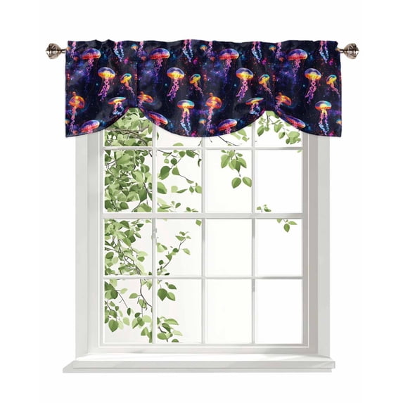 Dream Jellyfish Tie Up Valances Curtain, Adjustable Kitchen Colorful Starry Sky Milky Way Ocean Valances for Windows Decor, Rod Pocket Short Curtains Set for Bedroom/Bathroom, 60"x18"