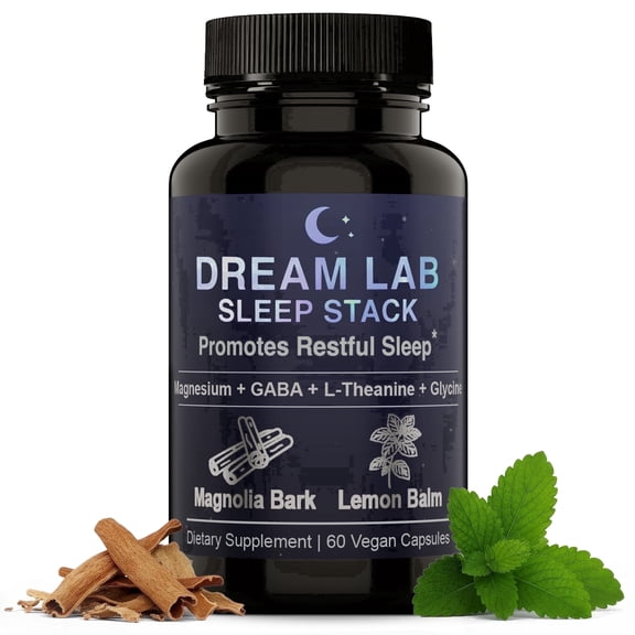 Dream Lab Sleep Stack Melatonin-Free Sleep Aid Supplement with Magnesium, GABA, L-Theanine, Glycine, Magnolia Bark & Lemon Balm, 60 Capsules