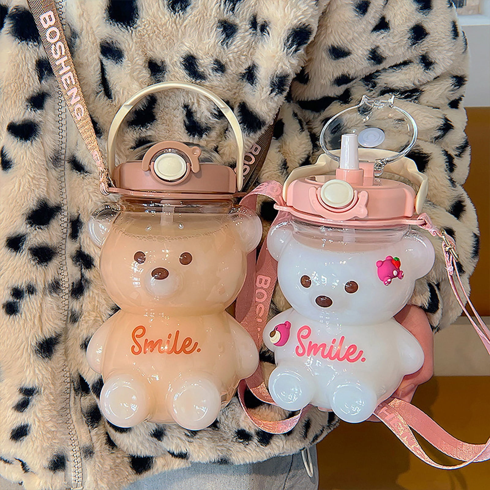 Dreamfocus Bear Water Bottles, Bear Cup with Straw, Cute Charms and Strap  for School Gifts