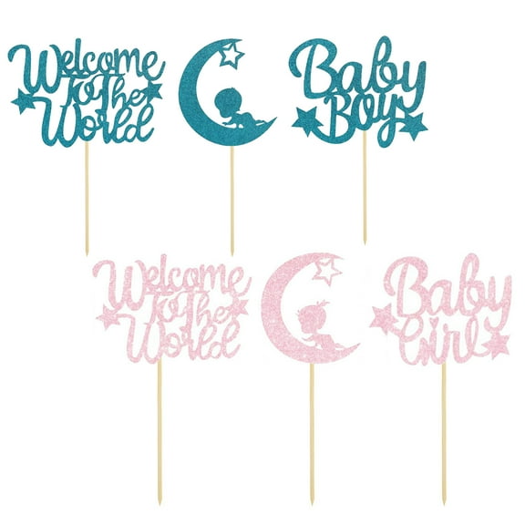 Dream Lifestyle 12 PCS Cake Toppers,Glitter Pink or Blue Welcome Cake Topper,Gender Reveal Cake Insert Card Baby Shower Cake Topper Boy or Girl Gender Reveal Cake Decorations