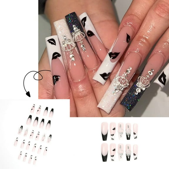 Dream Lifestyle 24pcs Press on False Nails, Long Coffin Fake Nails,Long Ballet Black and White Lip Print Manicure, Crown Rhinestone Full Cover Fake Nails,Long