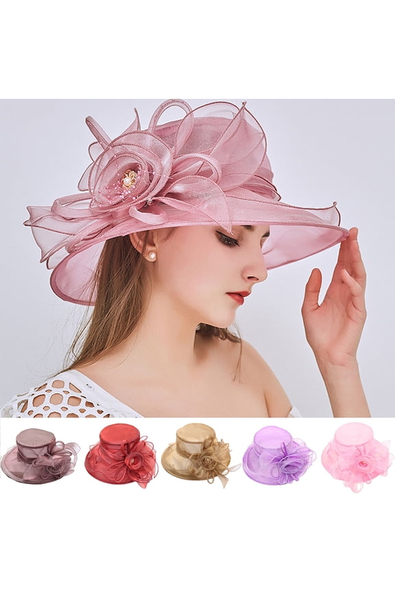 Church Dress Hat for Women Big Rose Organza Hat Royal Style Fascinator Wide Brim Cap for Tea Party Wedding Beach