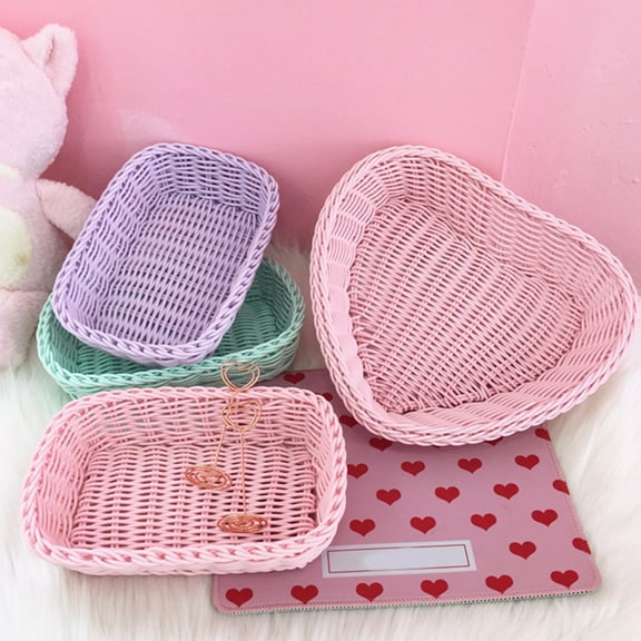 Dream Lifestyle Hand-Woven Small Plastic Baskets, Rectangular Heart Shaped Storage Baskets for Countertop, Pretty Shoot Props Home Decor