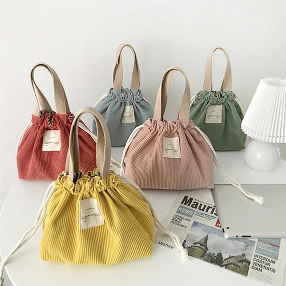 Dream Lifestyle Lunch Bag, Corduroy Lunch Tote with Handle and Drawstring Closure, Foldable Cute Lunch Bag for Office School Picnic, Easy to Carry