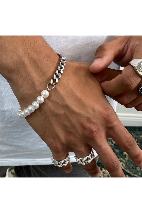 Men Bracelet Simple Appearance Hip-hop Fashion Jewelry Imitation Pearl Cuban Chain Splicing Bangle for Daily Life