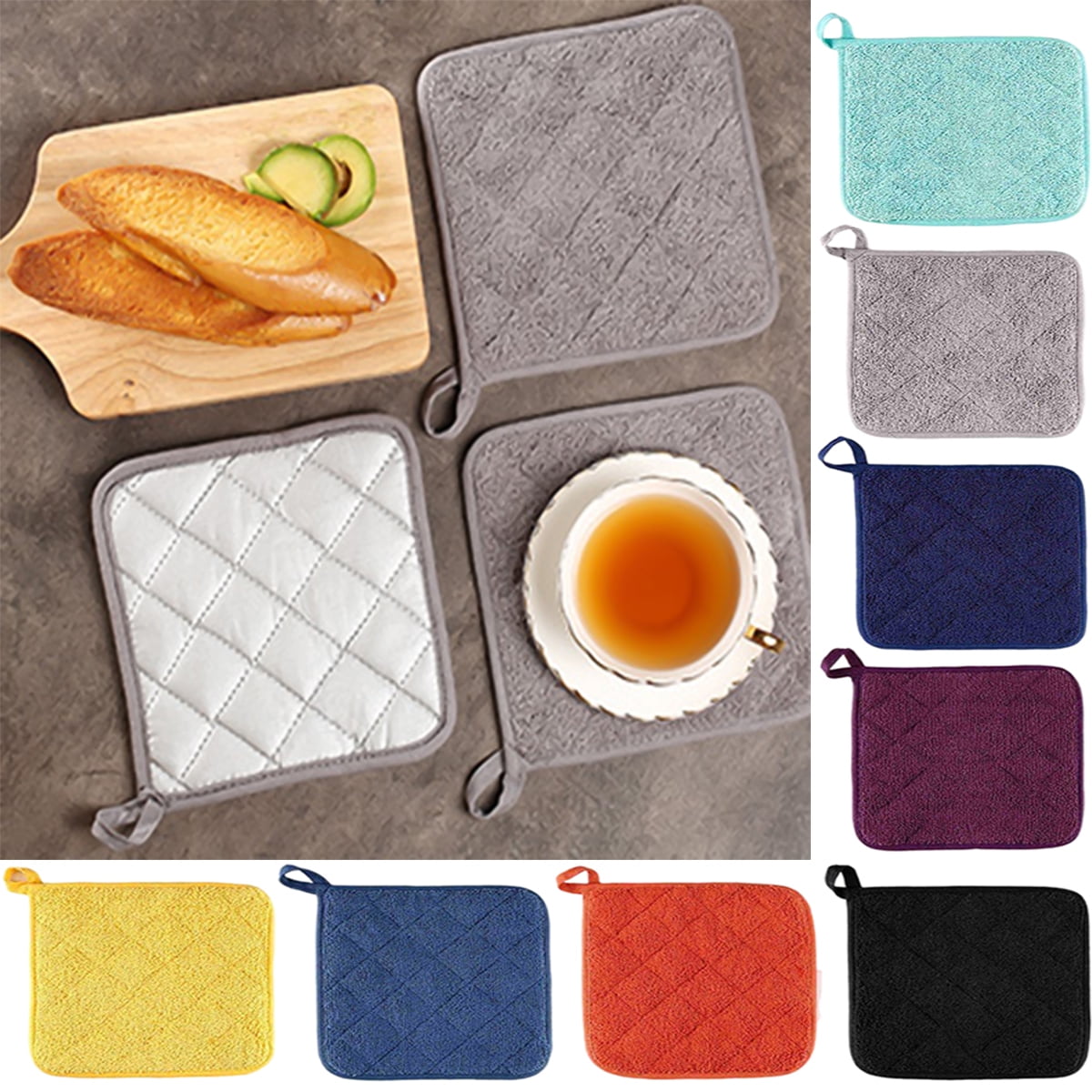 100% Cotton with Silicone Kitchen Everyday Basic Pot Holder Heat Resistant  Coaster Potholder Oven Mitts with Pocket for Cooking and Baking Set of 2