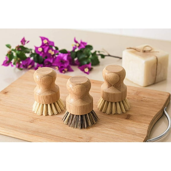 Dream Lifestyle Palm Pot Brush, Mini Round Bamboo Dish Brush Natural Scrub Brush Durable Scrubber for Cleaning Pots Pans and Vegetables