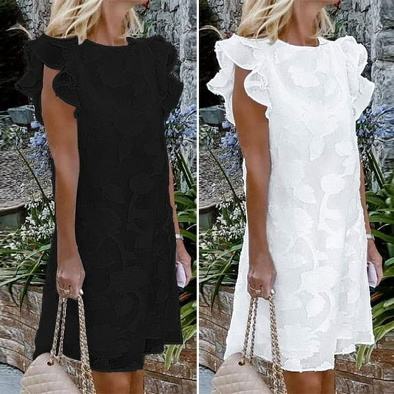 Dream Lifestyle Round Neck Hollow Knee-length Midi Dress Stacked Ruffle Short Sleeve Jacquard Dress Female Clothes