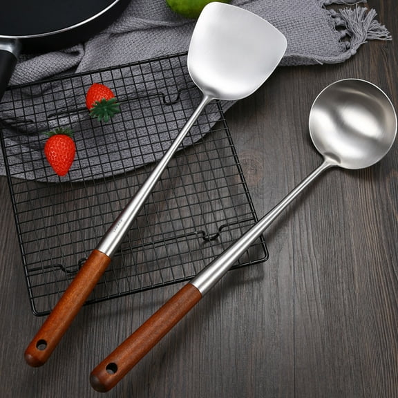 Dream Lifestyle Stainless Steel Spatula with Heat Resistant Wooden Handle, Professional Wok Utensils for Kitchen Daily Cooking Use