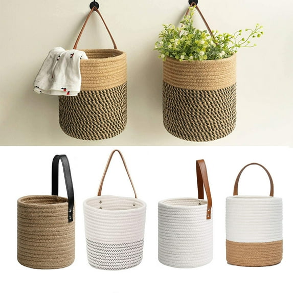 Dream Lifestyle Storage Basket – Wall Mounted Woven Hanging Basket – Cotton Blanket Baskets for Flowers,Plants,Toys,Towels - Hanging Decorative Baskets with Leather Handles 1PC