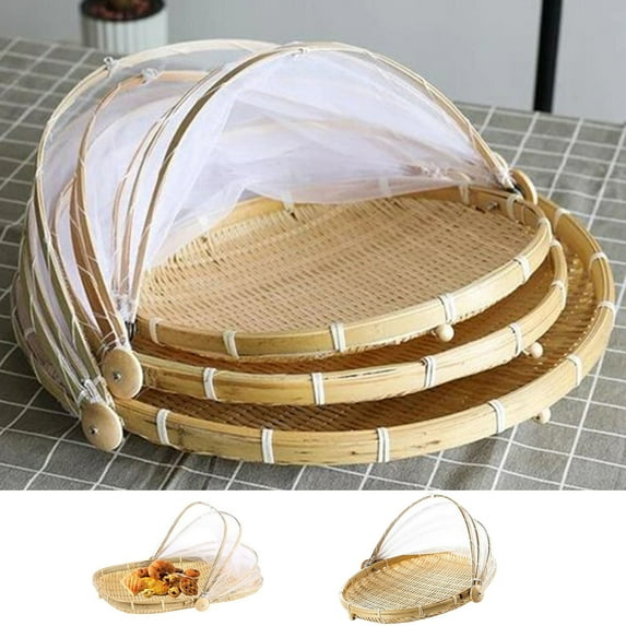Dream Lifestyle Tent Basket Food Serving Tent Basket, Bamboo Serving Food Tent Basket Hand-woven Food Serving Basket Dustproof Round Picnic Basket Covered Vegetable Fruit Food Storage Basket